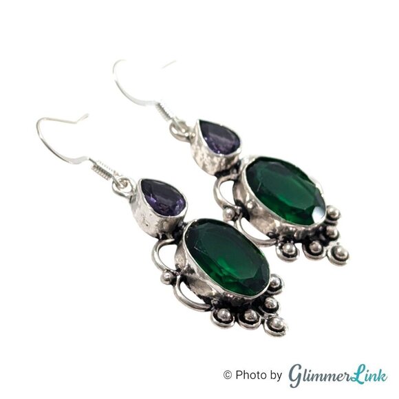 Purple & Green Faceted Glass Stone Silver Tone Pierced Dangle Earrings - Picture 5 of 10